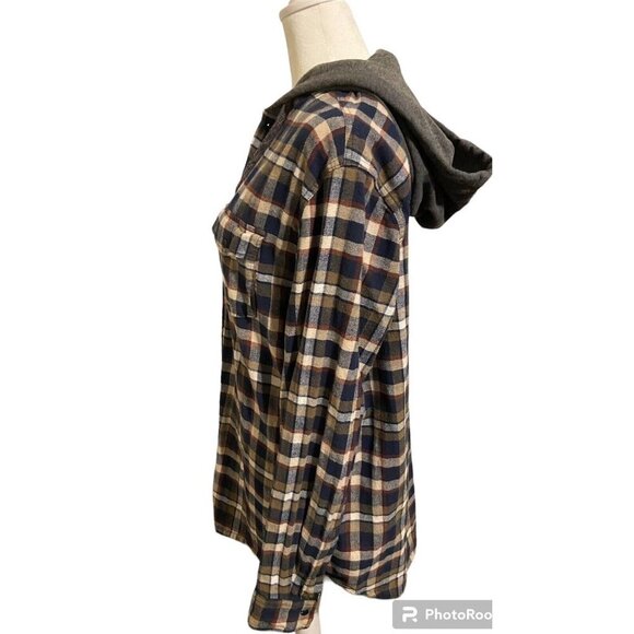 Quiksilver Medium Men's Jacket Plaid with Grey Hood Long Sleeve Button Up - Picture 2 of 3
